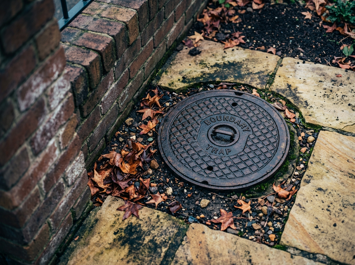 Cast iron boundary trap access cover set in a sandstone path beside a heritage Sydney brick fence after winter rain