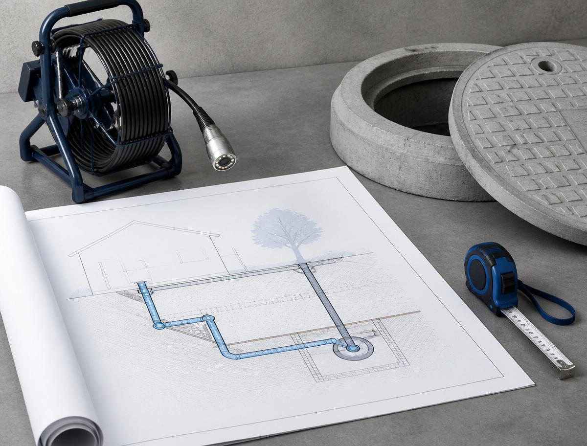 Sewer service diagram beside a CCTV drain camera and inspection shaft lid, used to plan building over a sewer in Sydney