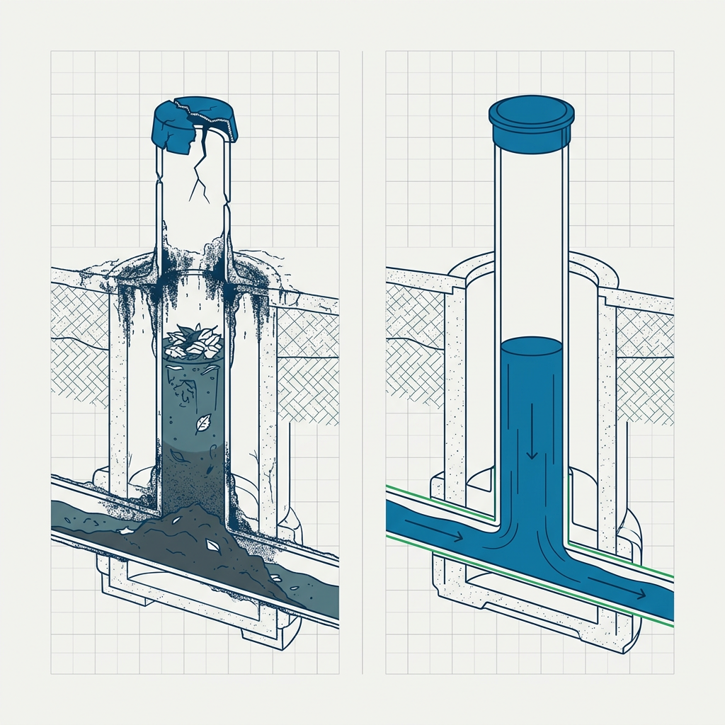 Comparison of a silted, leaf clogged charged stormwater riser and a clear sealed riser flowing correctly