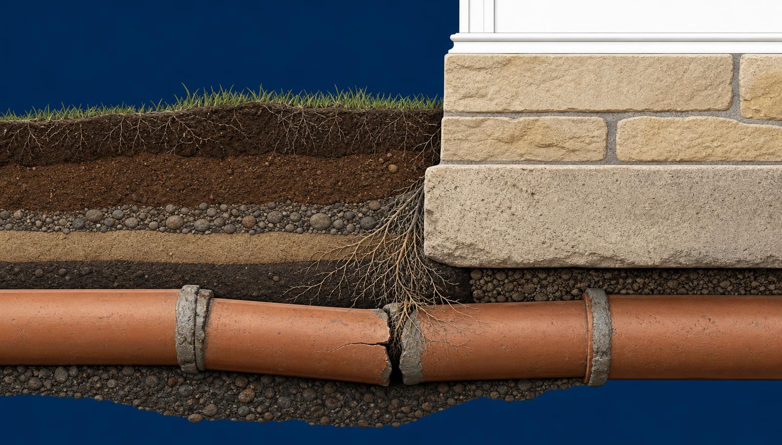 Cross-section of a cracked earthenware clay drain pipe under a Sydney sandstone footing with tree roots entering the joint