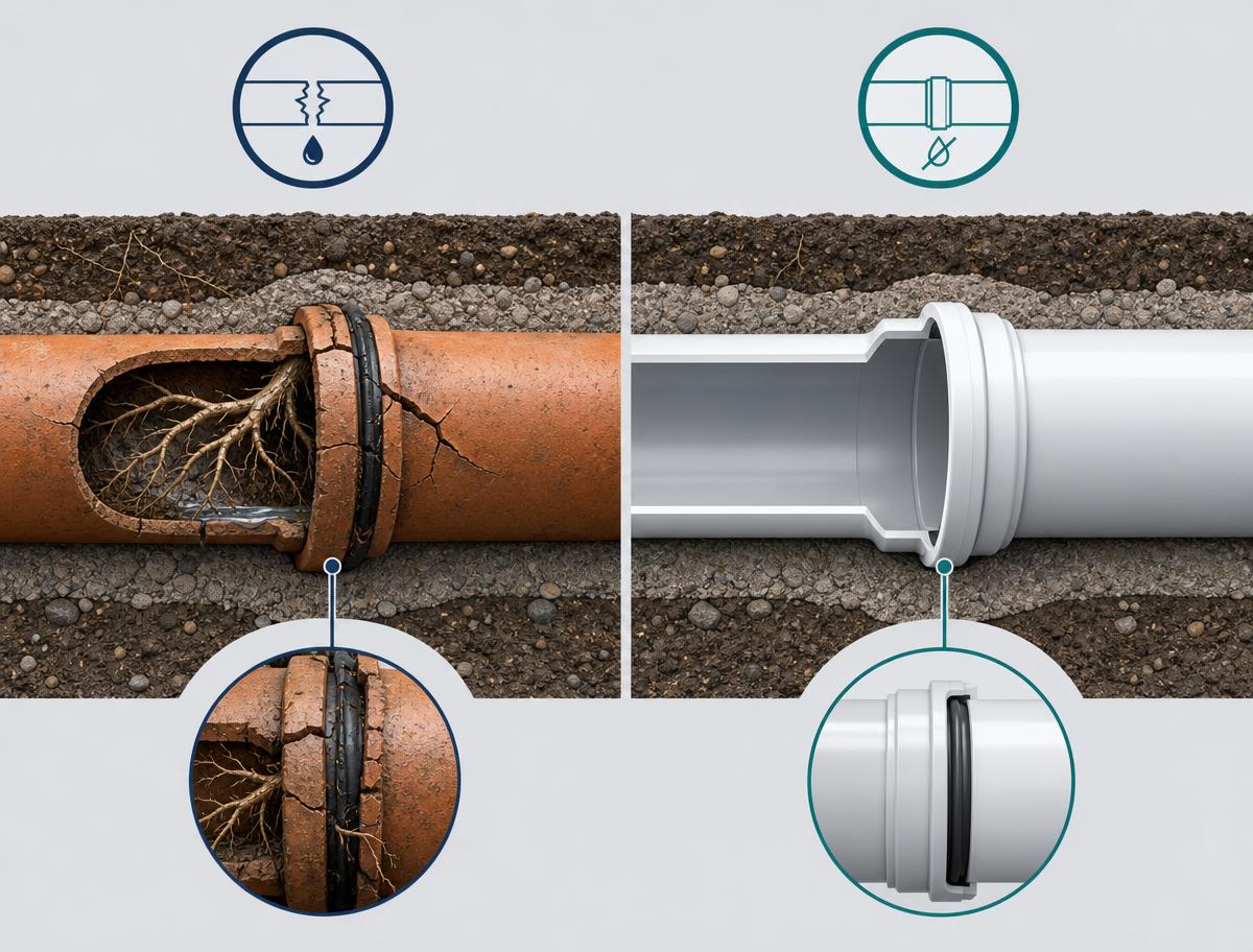 Comparison of a cracked earthenware clay drain pipe with root intrusion beside a sealed modern PVC drain pipe