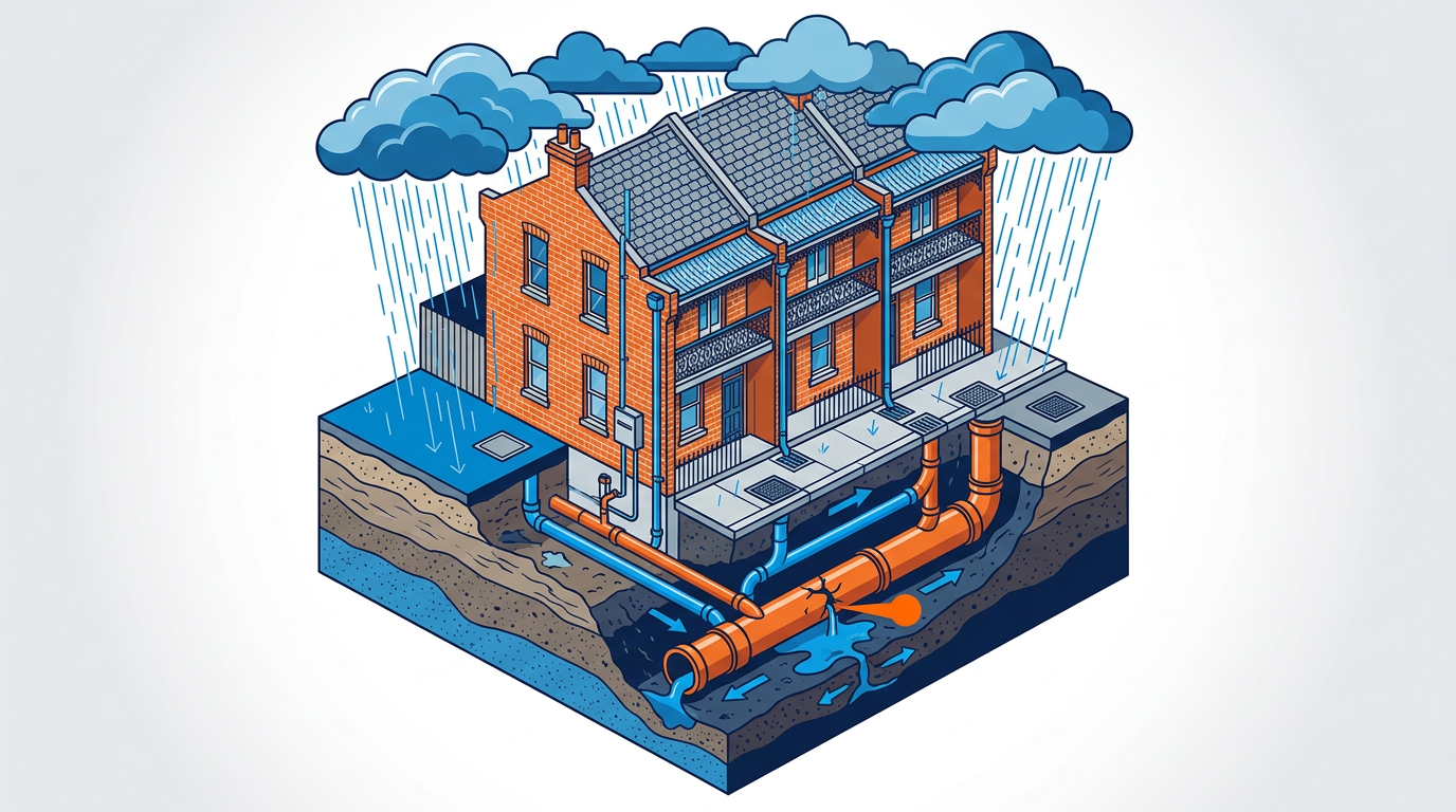 Isometric cutaway of a Sydney terrace in heavy rain showing a cracked underground sewer pipe leaking, illustrating a blocked drain insurance claim in Sydney