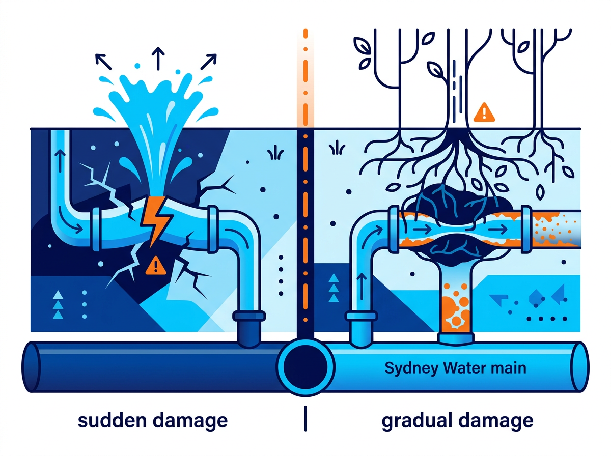 Diagram comparing a sudden burst pipe with gradual tree root and corrosion damage either side of a property boundary, showing what a blocked drain insurance claim in Sydney covers