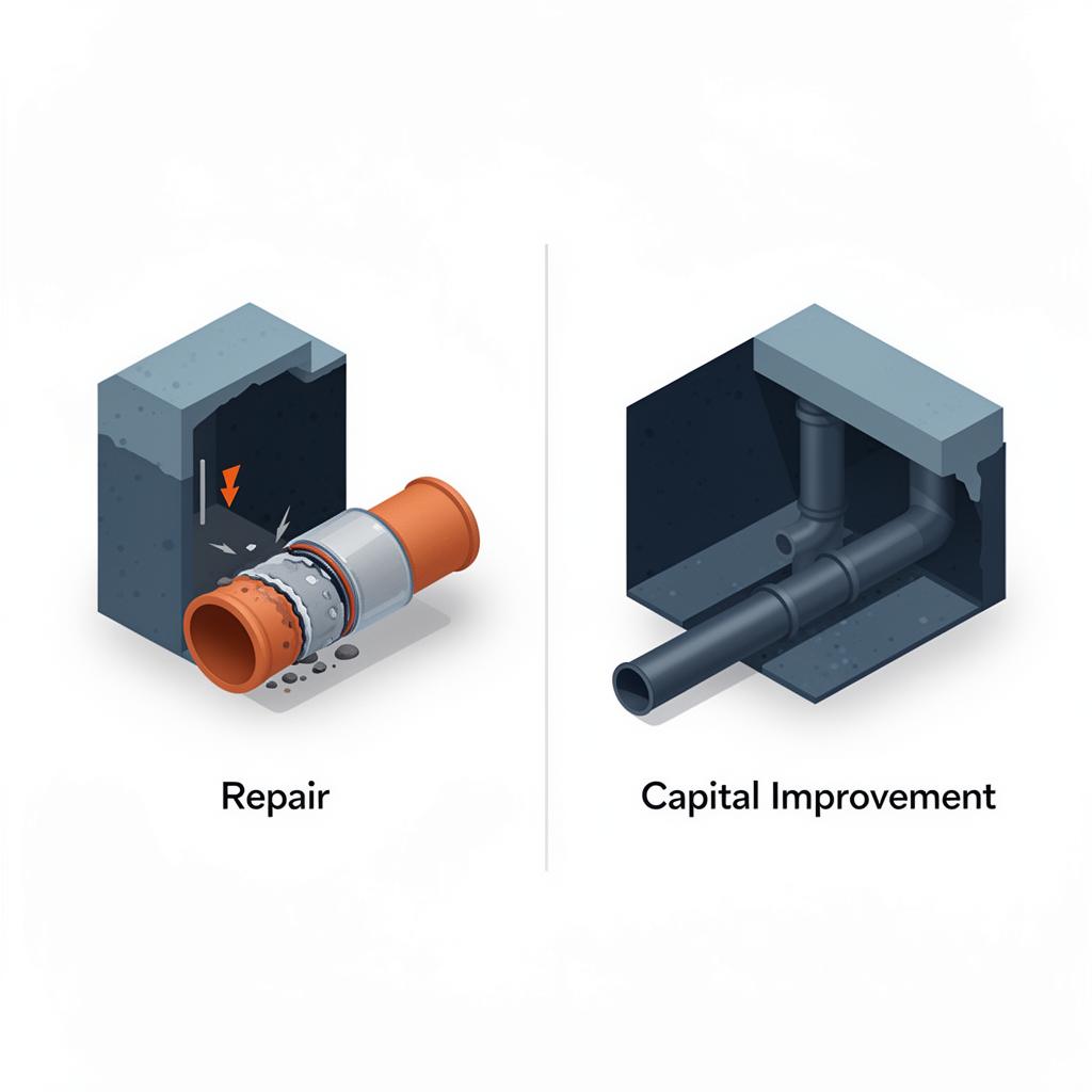 Isometric diagram comparing a sewer pipe repair using a short relining sleeve against a full capital replacement of a sewer lateral under a driveway for a Sydney rental property tax deduction guide