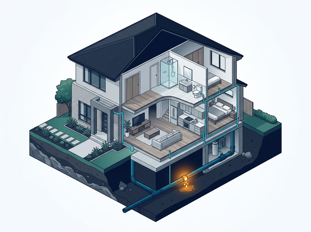 Isometric cutaway illustration of a Sydney home showing hidden water pipes running under the slab and through wall cavities, with a glowing amber leak point on a buried service line.