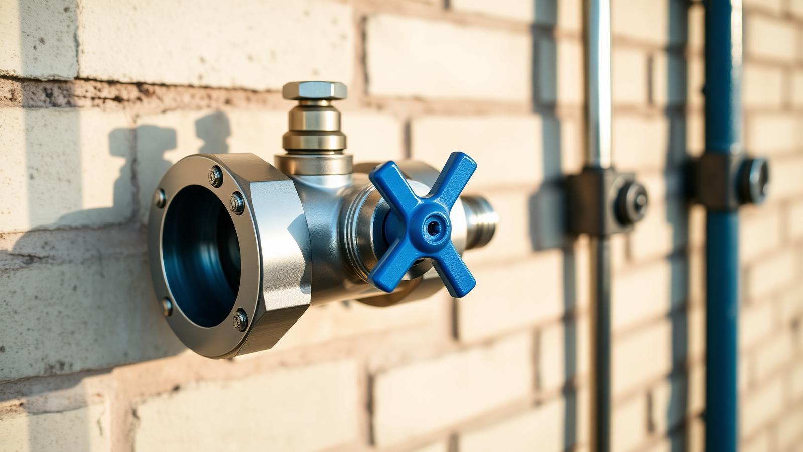 Stainless steel RPZ backflow prevention assembly with brass test cocks mounted on a rendered brick wall at a Sydney commercial property