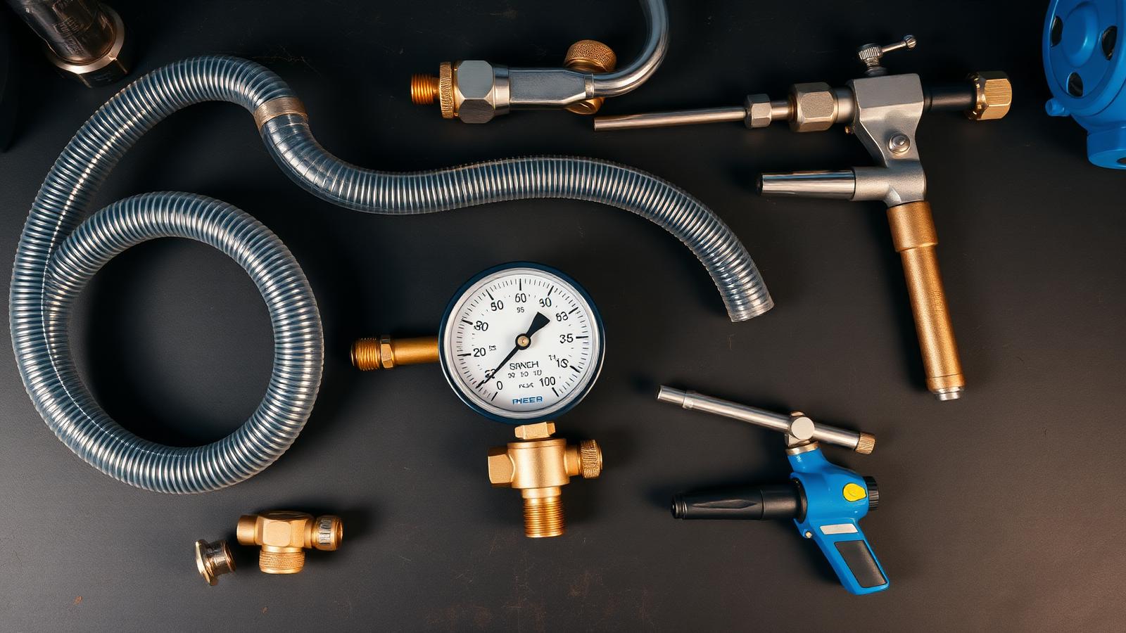Calibrated backflow test gauge, clear pressure hoses and brass test fittings laid out on a workshop bench, ready for a Sydney annual backflow prevention test