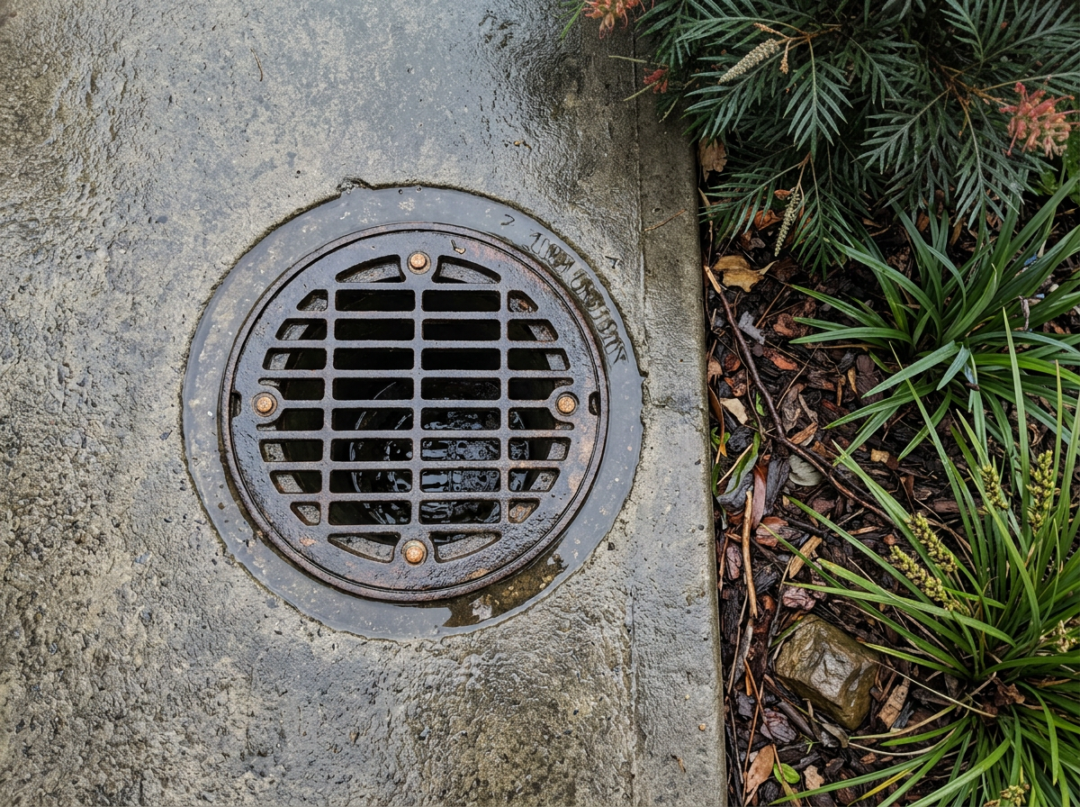 Top-down view of a cast iron overflow relief gully grate set into a concrete apron beside a native Sydney garden bed after winter rain