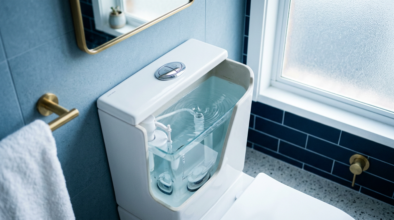 Close-up of a modern dual-flush toilet cistern in a Sydney bathroom with clear rippling water inside, suggesting a slow silent leak