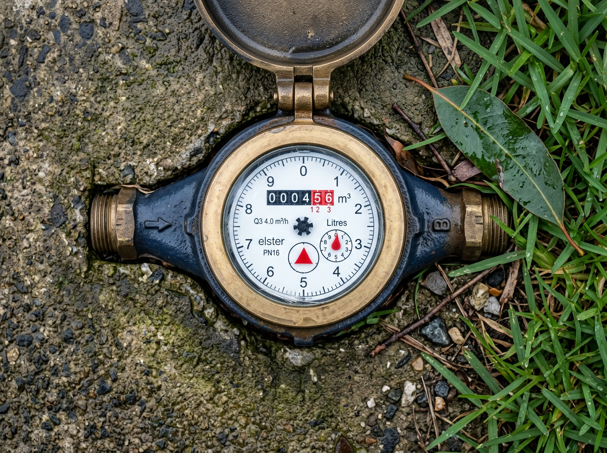 Close-up of a Sydney residential brass water meter dial showing the small red leak-indicator triangle, set flush into concrete beside wet grass