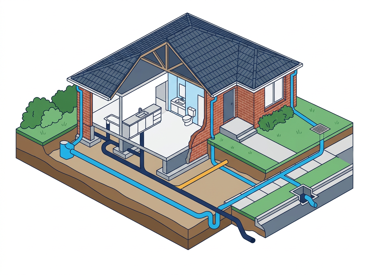 Cutaway diagram of a Sydney home showing separate stormwater and sewer pipe runs with a misconnected downpipe highlighted