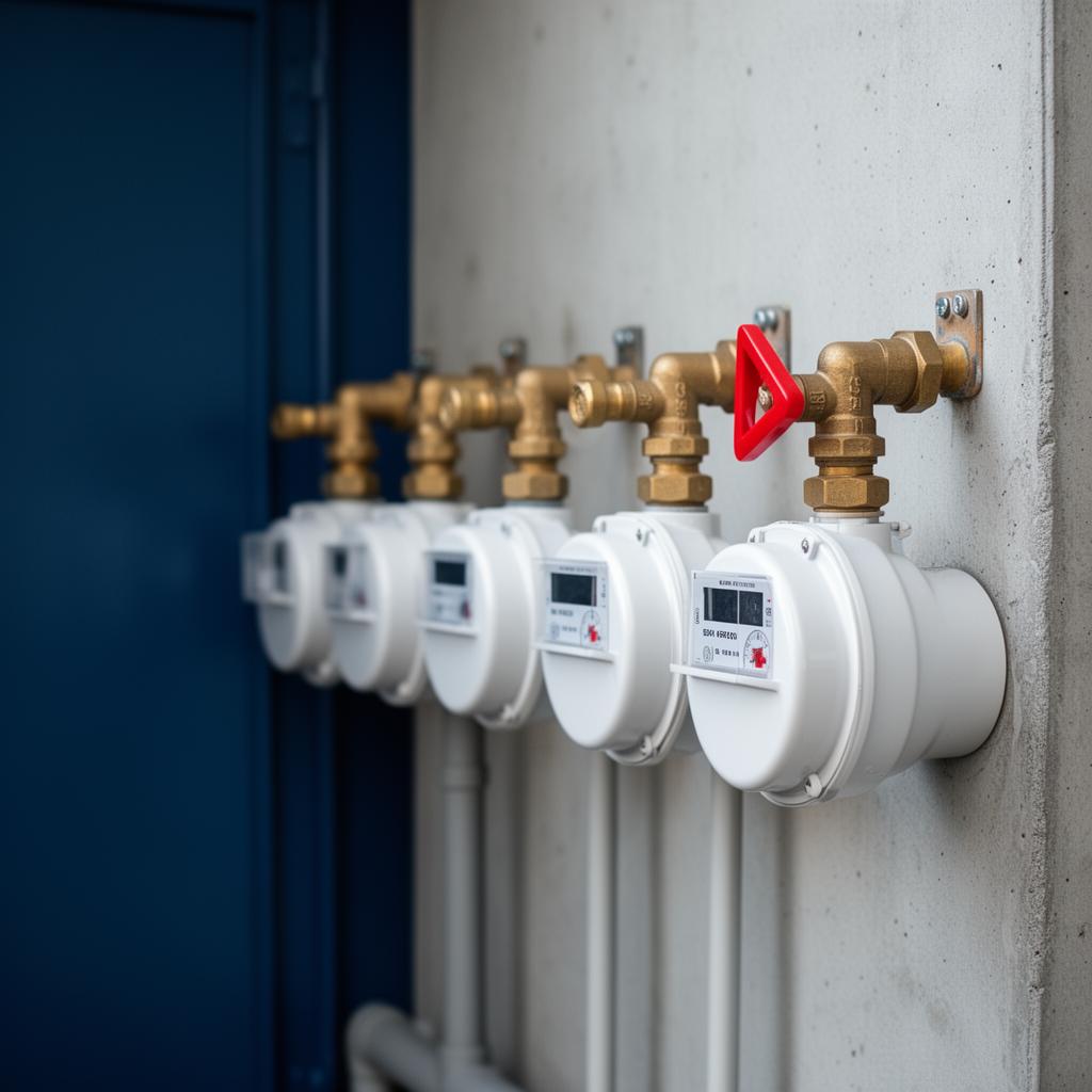 Close-up of a row of brass and white residential bulk water sub-meters mounted on a concrete wall inside a Sydney apartment building service riser cupboard, with one red leak-indicator visibly rotating.
