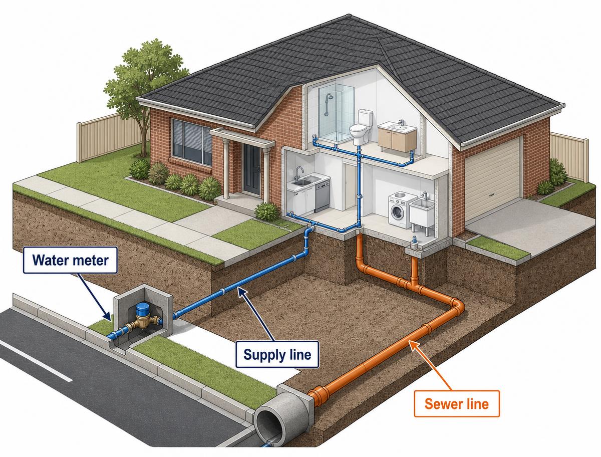 Cutaway diagram of a Sydney home showing where water usage and wastewater charges are generated, from the meter at the front boundary to the sewer connection