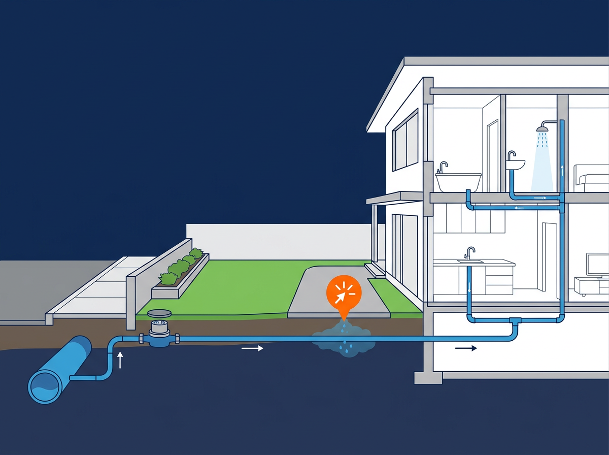 Cutaway diagram of a Sydney home water service showing the street main, boundary water meter, underground supply line leak and internal pipework