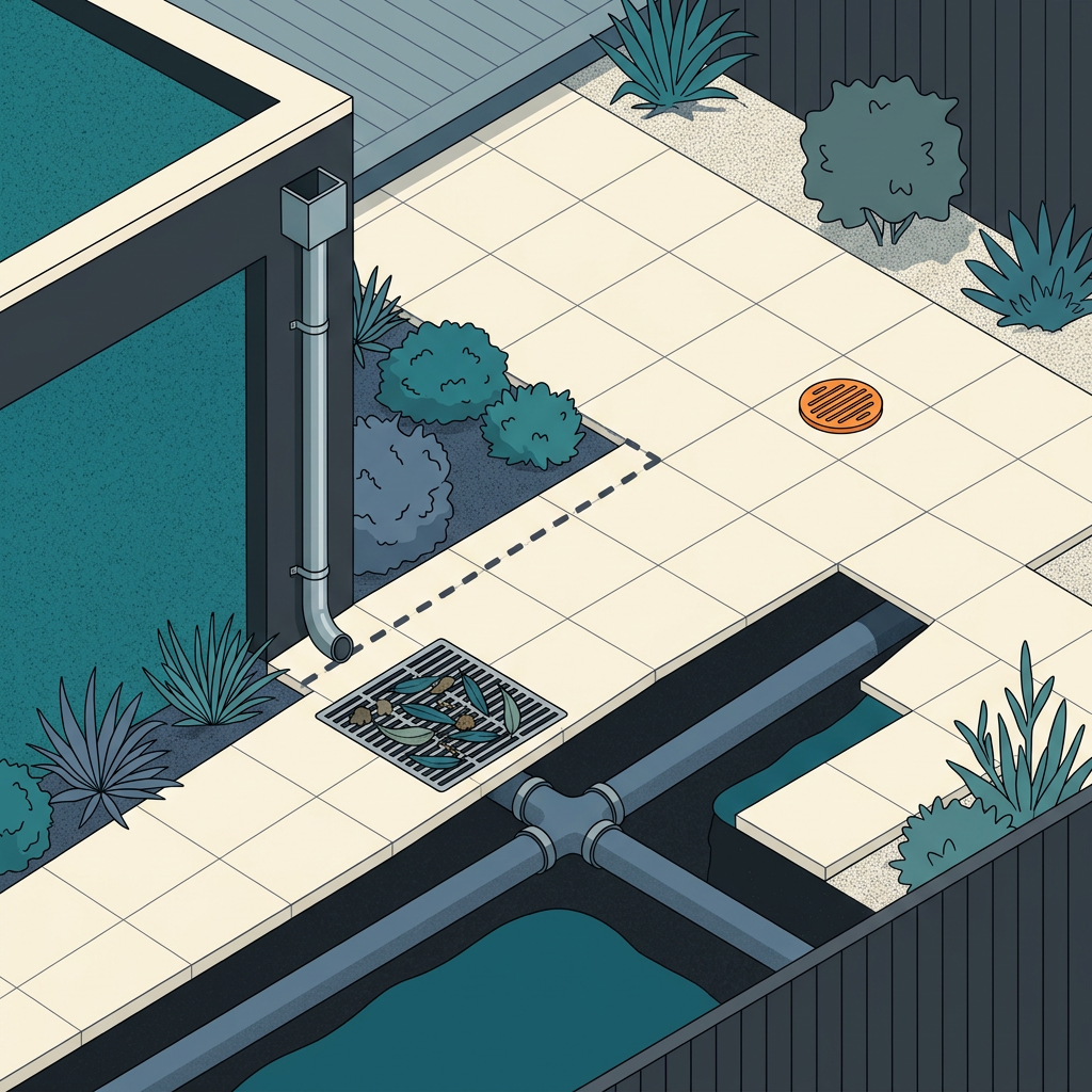 Isometric diagram of a Sydney suburban backyard in winter with a leaf-clogged stormwater pit grate, a downpipe connecting to a charged stormwater line, and a boundary inspection cover