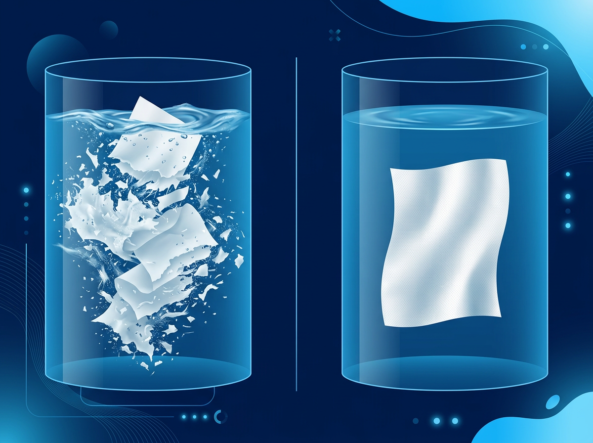 Diagram comparing toilet paper breaking apart in water with a wet wipe staying intact, showing how wipes cause blocked drains in Sydney homes
